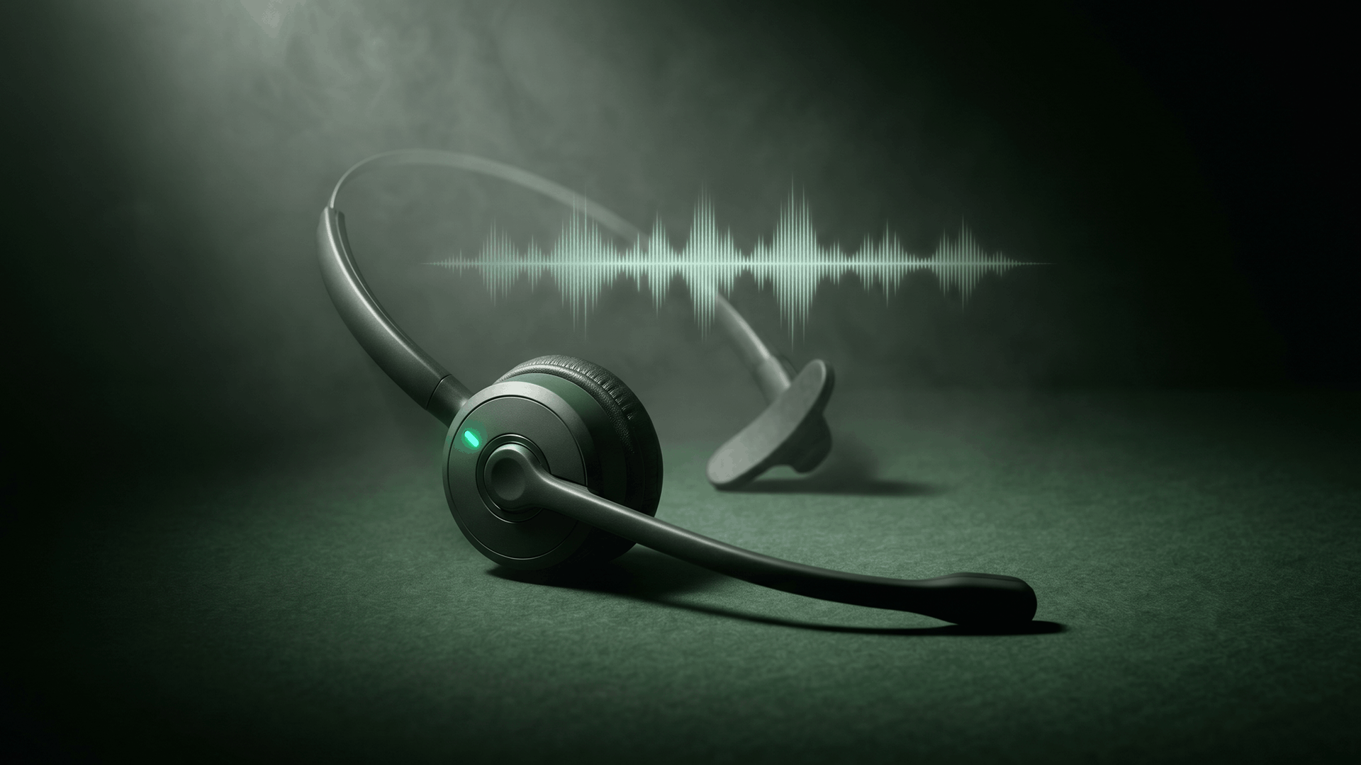 Cinematic product render of a single charcoal call center headset resting on a deep green velvet surface with a mint-green voice waveform glowing in the misty background, illustrating the shift from a full call center floor to AI voice agents handling 60 to 80 percent of inbound healthcare call volume
