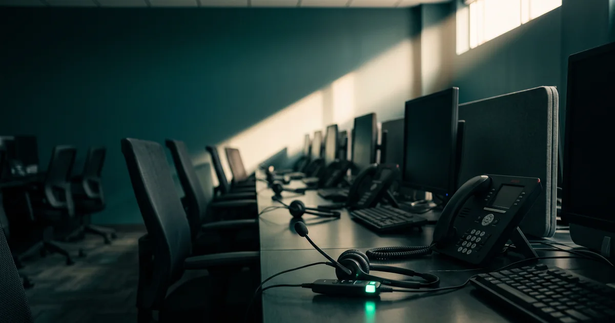 An empty call center floor An empty call center row of dark desks with desk phones and monitors, a headset resting in the foreground in low teal light