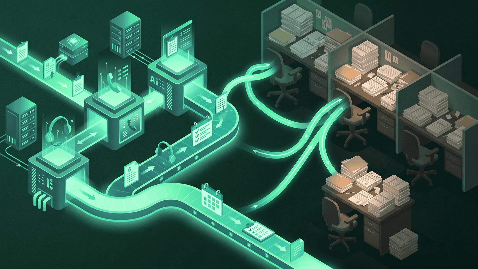 Isometric illustration of an AI automation pipeline feeding into empty cubicles piled with paper, depicting the shift from manual coordinator work to automated healthcare workflows