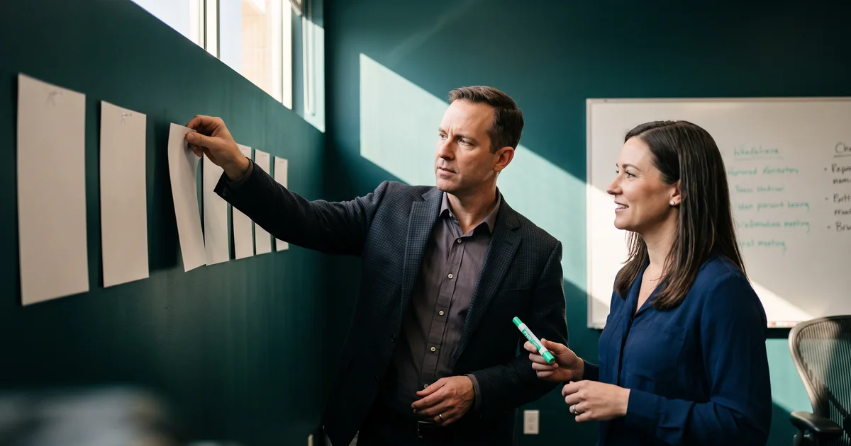 Mapping the process before choosing tools Two colleagues pin a row of process sheets to a dark green wall beside a whiteboard, one holding a mint marker