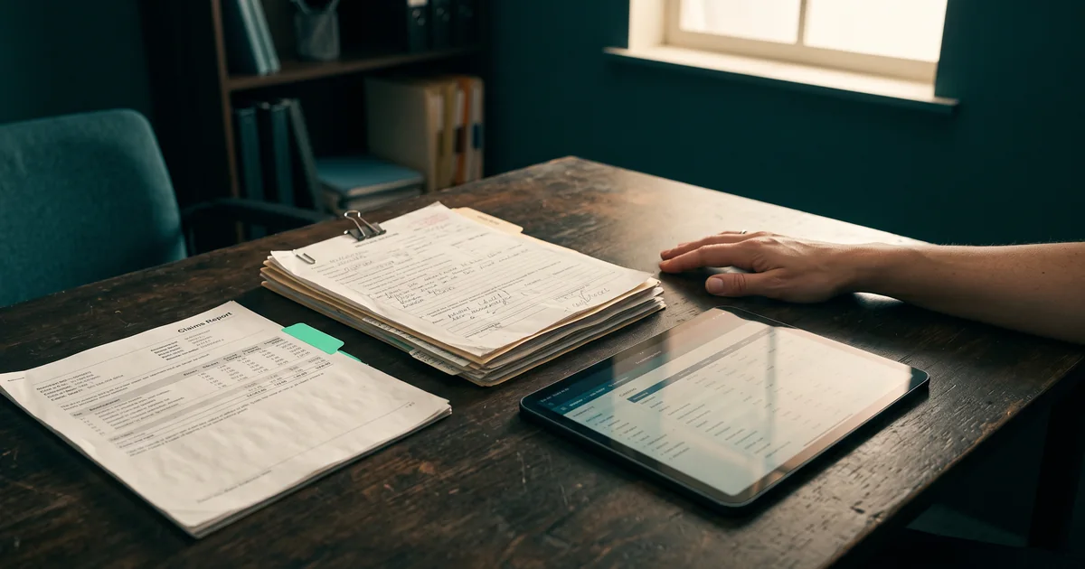 Claims, charts, and a dashboard A claims report with a mint tab, a clipped stack of medical records, and a tablet showing a quality dashboard on a desk