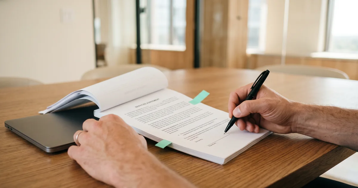 Contract reviewer signing an agreement beside a laptop on a conference table