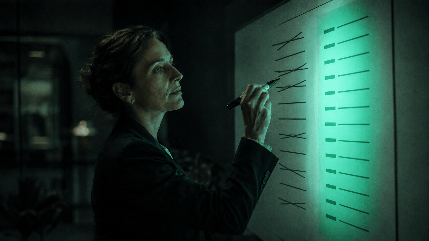 Hiring manager evaluating candidate criteria against a glowing analysis chart, marking which requirements still matter