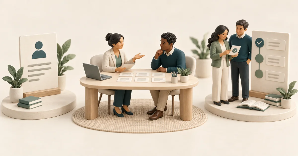 Miniature interviewer and candidate at a table of exercise cards, with a profile card and an onboarding checklist nearby