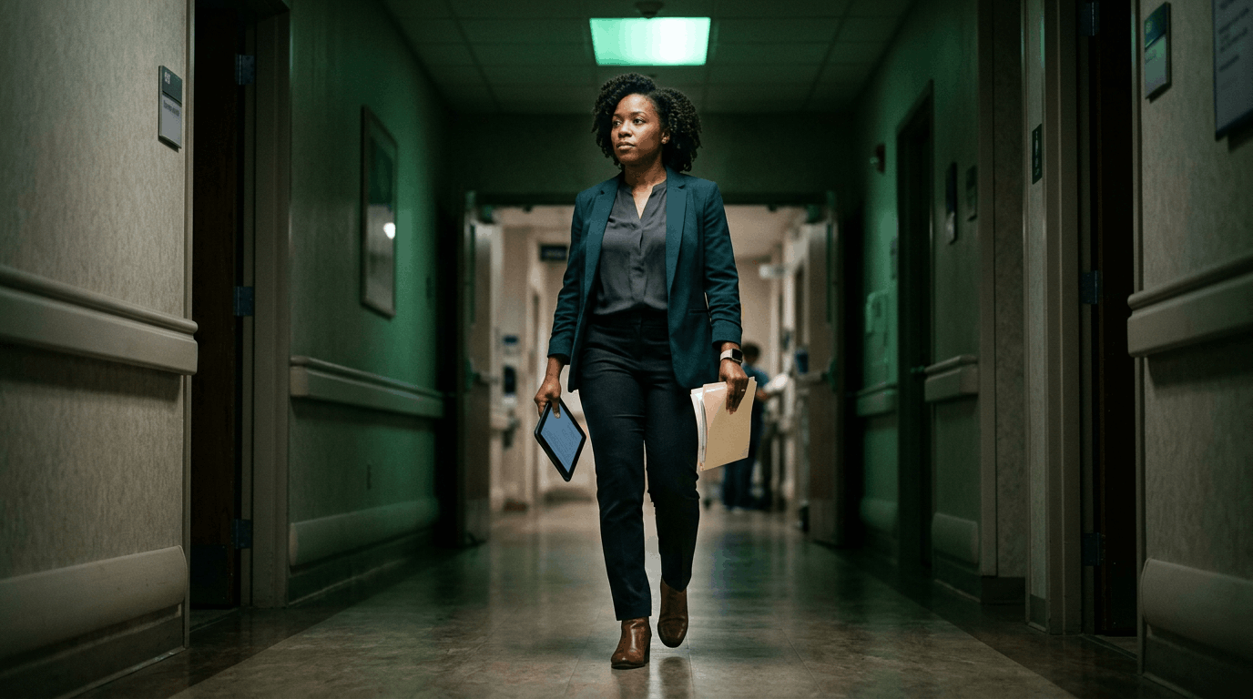 Healthcare administrator walking through a hospital corridor holding a tablet and patient files, illustrating the operational reality of prior authorization workflows