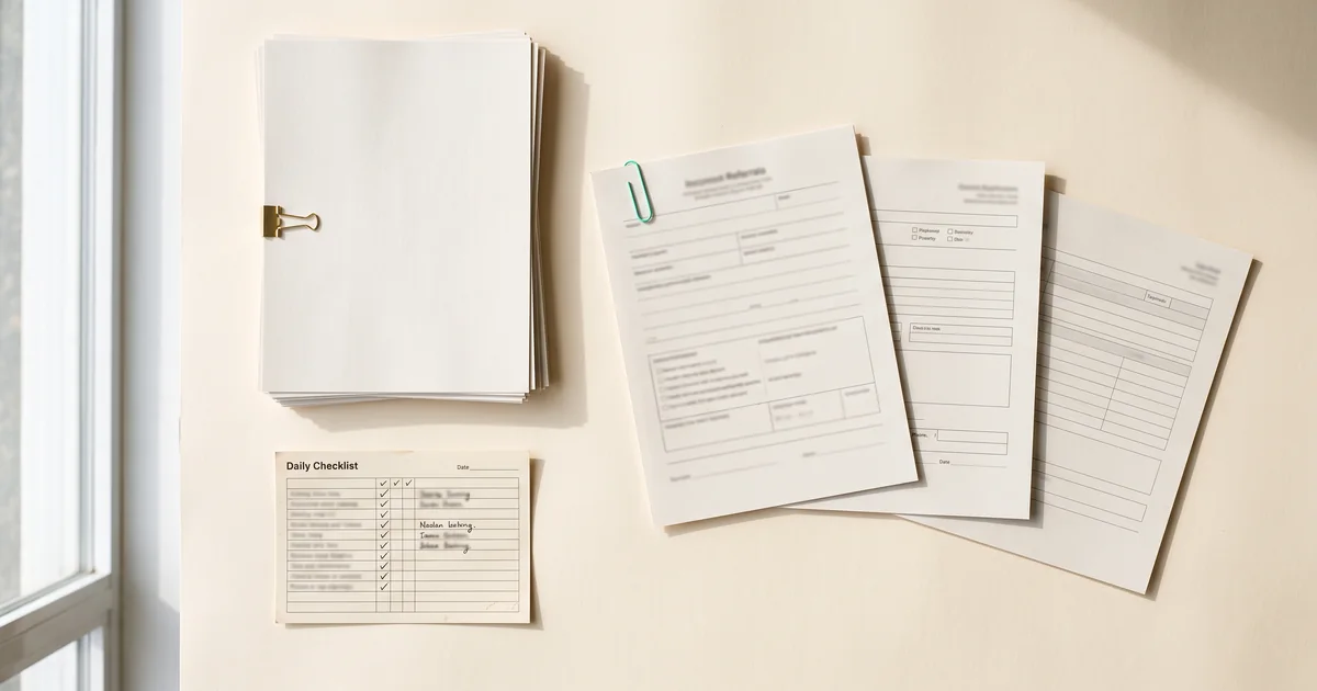 Three fanned referral intake forms beside a clipped stack of pages and a filled-in daily checklist card on a cream desk