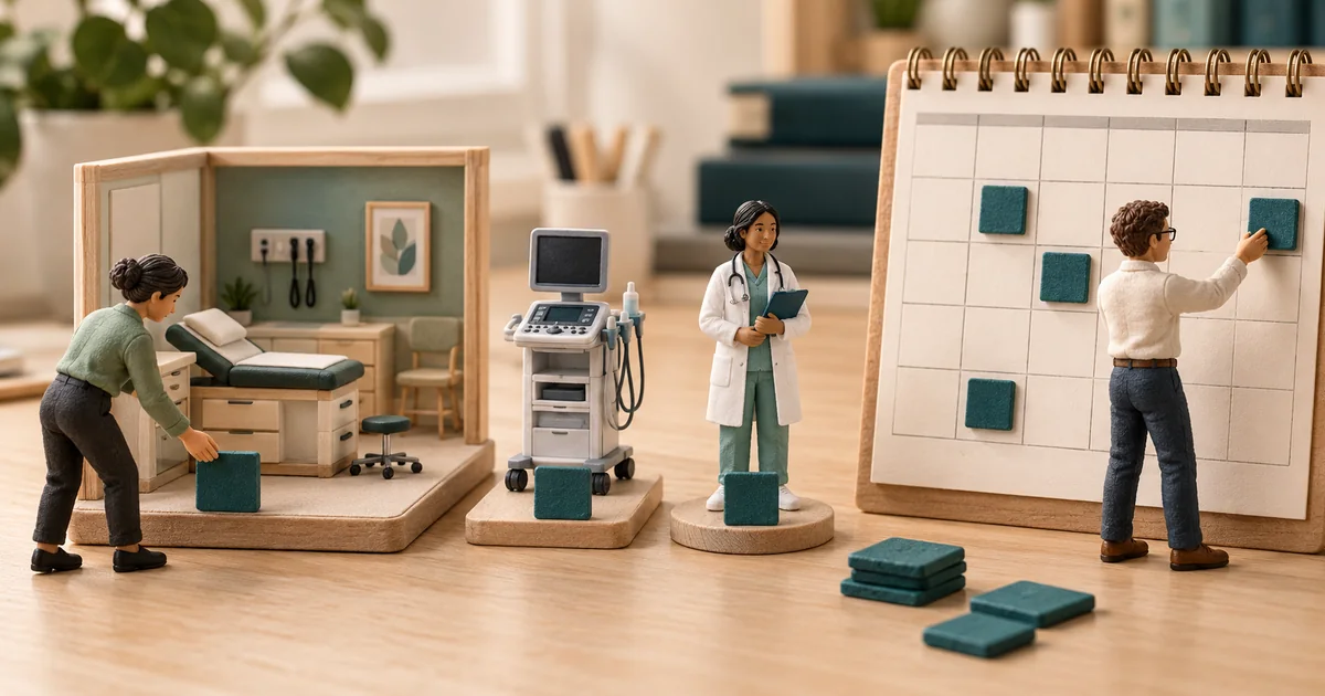 Schedule the Room and Equipment, Not Just the Clinician Miniature schedulers align a clinic room, equipment cart and clinician figure with an appointment grid.