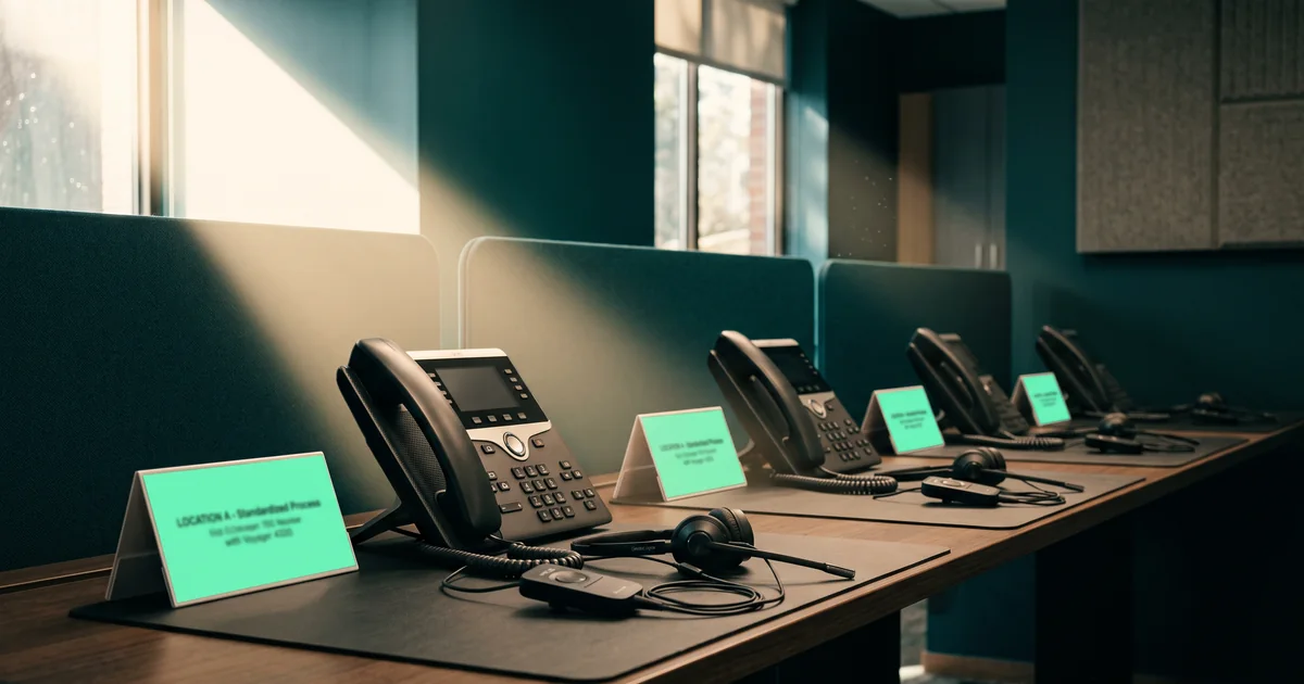 Desk phones labelled by location A row of desk phones with headsets on a shared desk, each beside a mint location card, in a sunlit teal office