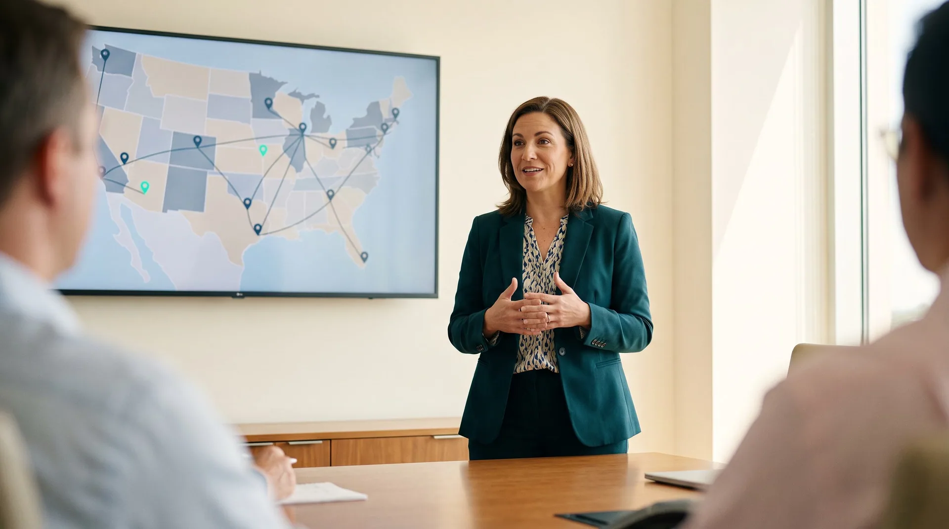 Evaluating referral automation for multi-site groups Regional operations director presenting a multi-site clinic network map to colleagues while evaluating referral automation