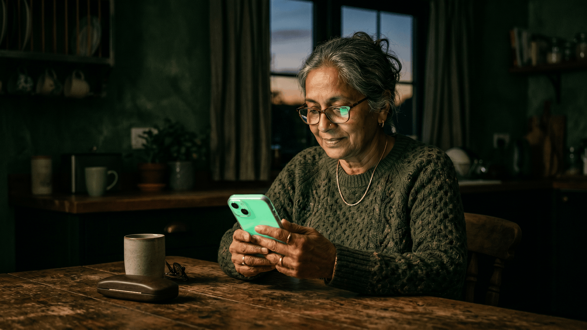 Isometric dark-green scene of a patient outreach hub with multilingual SMS bubbles in Spanish, Mandarin, Vietnamese, and Arabic radiating to a diverse patient panel, a voice AI agent on the left handling a Spanish call, and a self-scheduling page on the right with a language selector