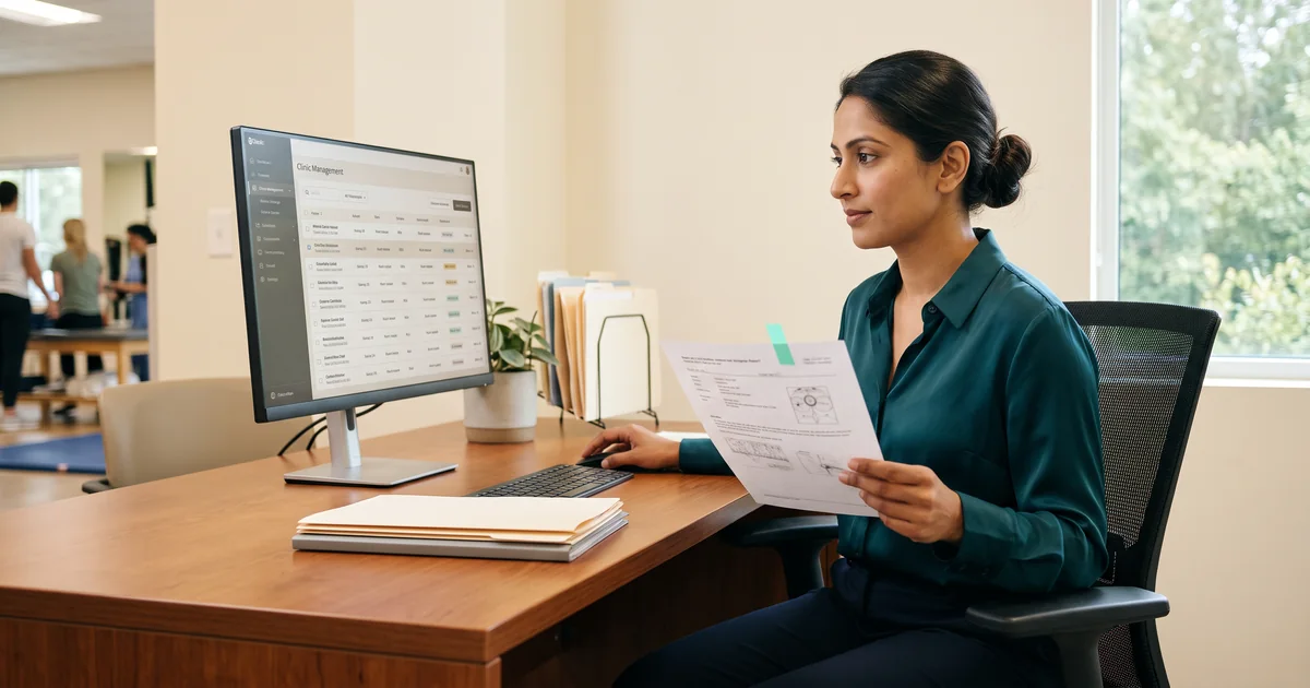 A clinic scheduler reviews a neurology referral queue on a desktop monitor while holding a printed MRI report