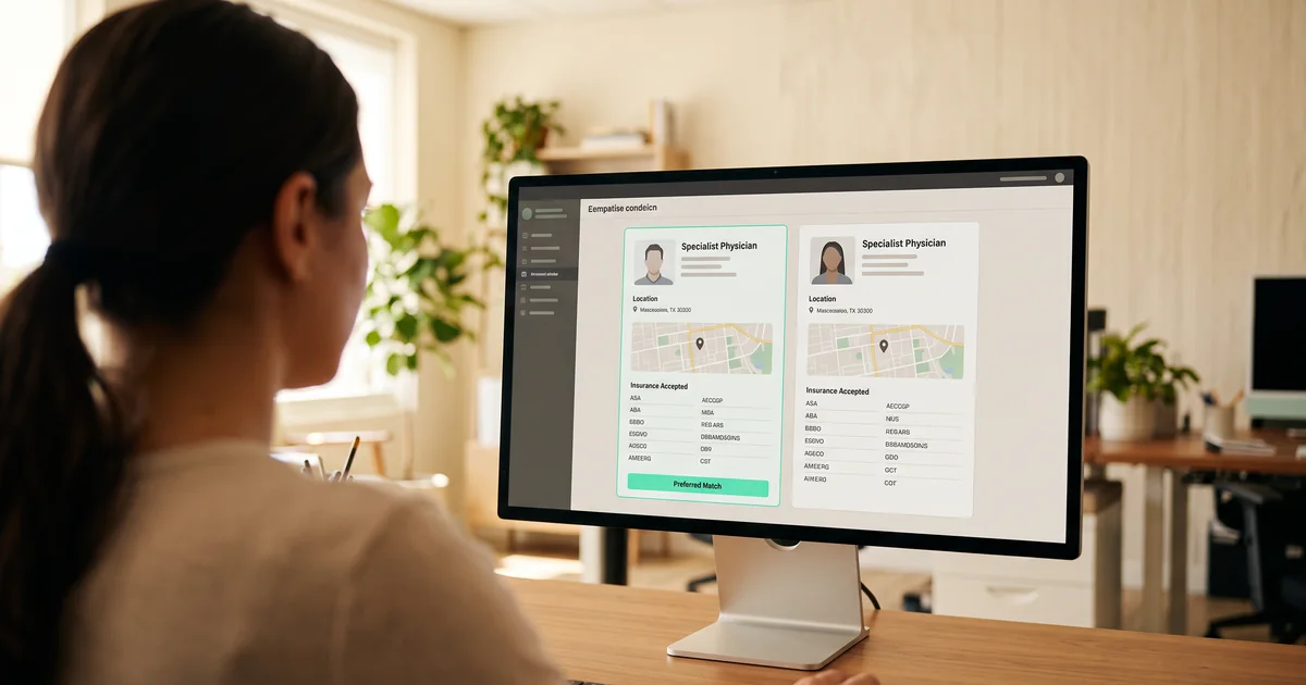 A referral coordinator comparing two specialist profiles on a computer screen showing locations and accepted insurance plans