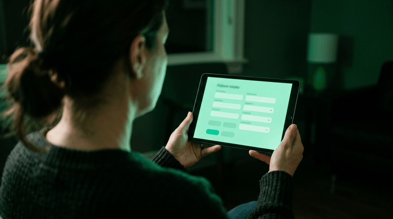 Patient Intake Software: What to Look For and Which Platforms Lead in 2026 Patient holding a tablet showing a digital patient intake form with name, date of birth, and insurance fields, illuminated in mint and teal lighting