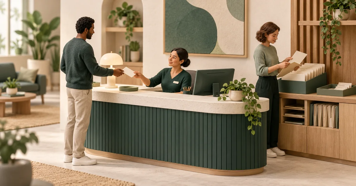 Front-desk staff checking intake information before matching it to the patient record