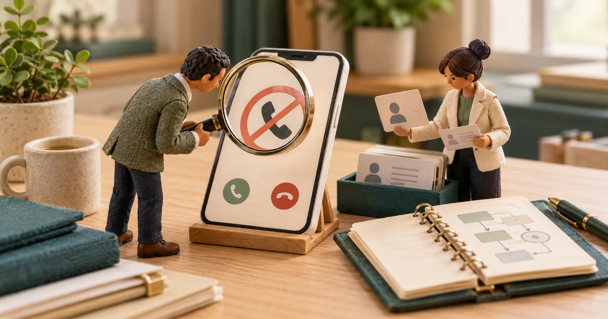 Miniature analysts inspect a flagged phone call, caller identity cards and a routing notebook.