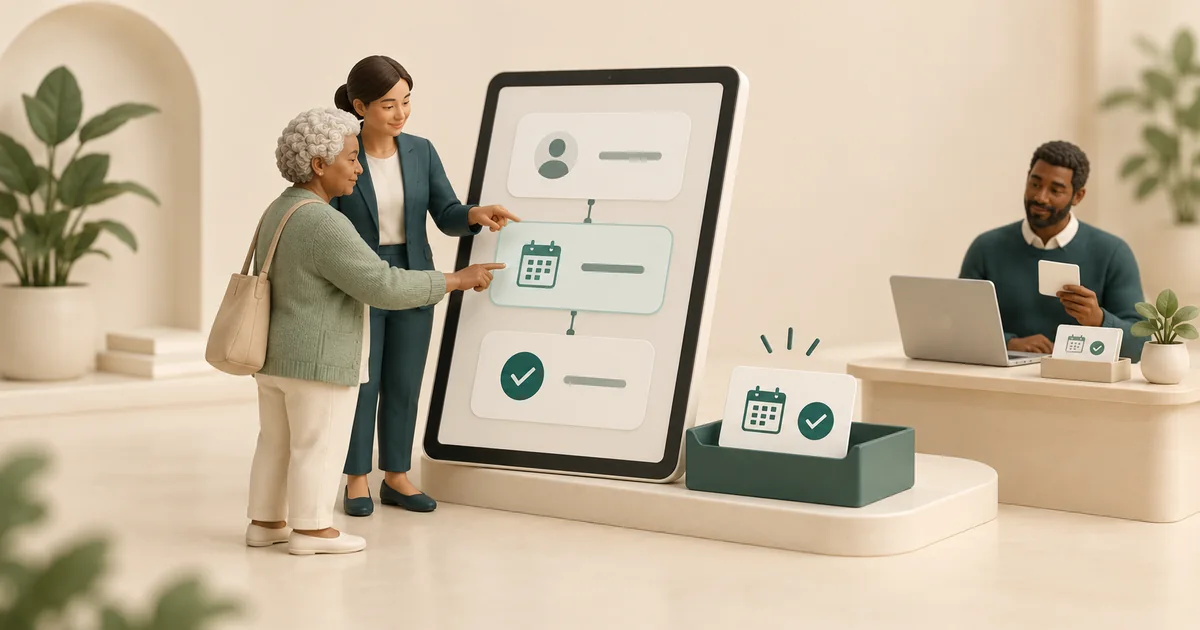 Miniature staff member guides an older patient through a tablet form with calendar and check steps beside a colleague's desk