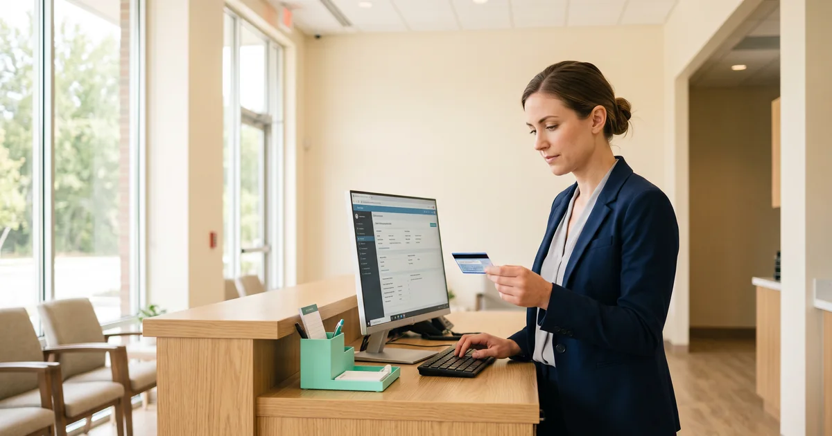 Front desk specialist verifying patient demographics and insurance details before a visit