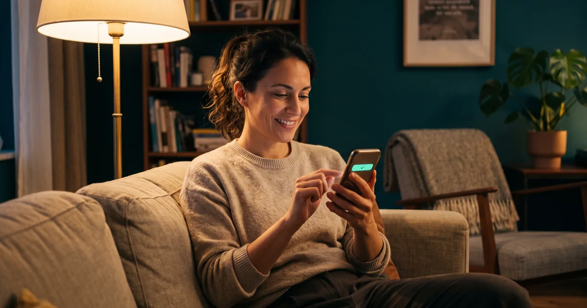 A smiling woman on a beige sofa tapping a phone that shows a mint confirmation check, warm lamp and teal wall behind her