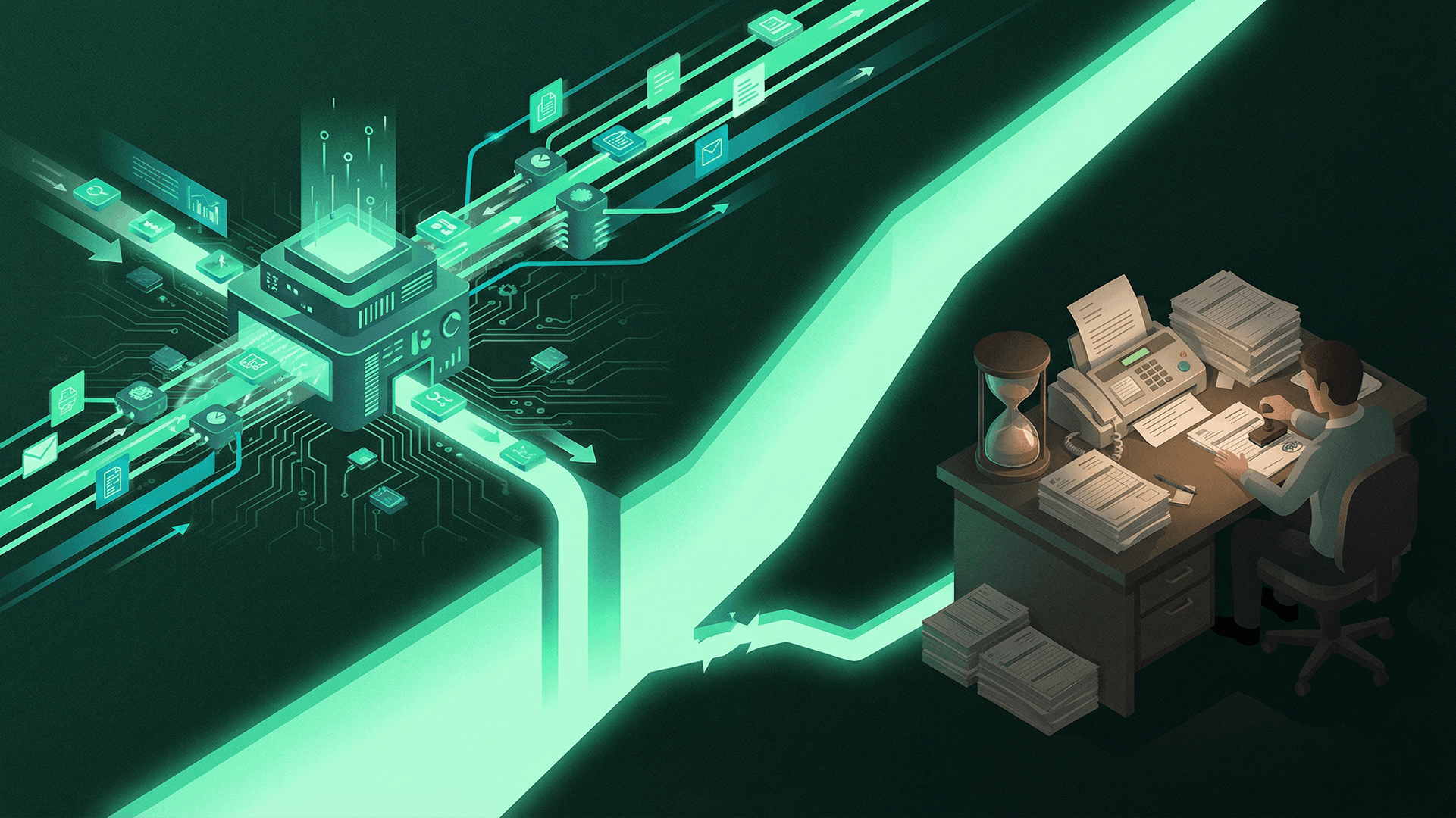 Isometric illustration showing automated payer systems with glowing teal circuits processing documents at machine speed, while a provider sits at a desk overwhelmed with paper stacks and fax machines - visualizing the prior authorization speed asymmetry