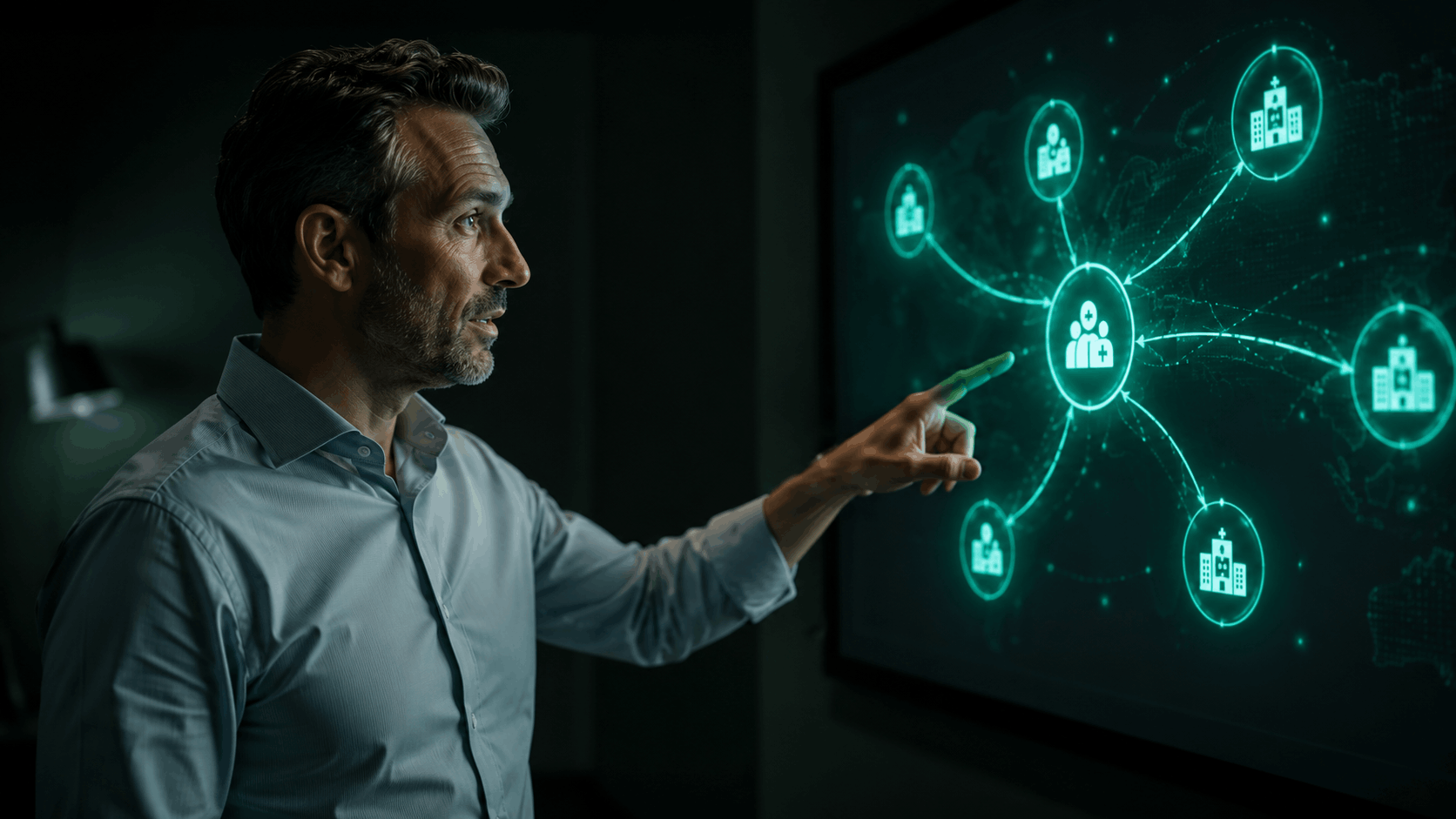 How PE-backed clinic networks standardize referral operations across locations Operations leader pointing at a network diagram connecting a central care team to multiple clinic locations across a region