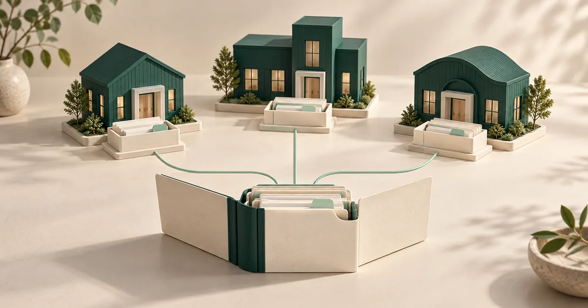 Three distinct teal clinic models and their local record trays connect to one shared cream and teal folder