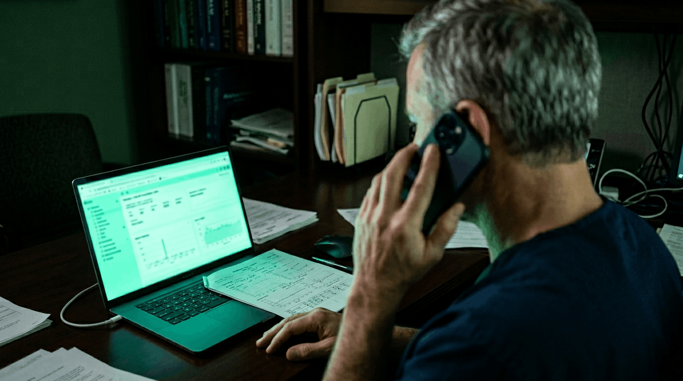 Physician on a phone call reviewing clinical notes and a dashboard while preparing for a peer-to-peer prior authorization review