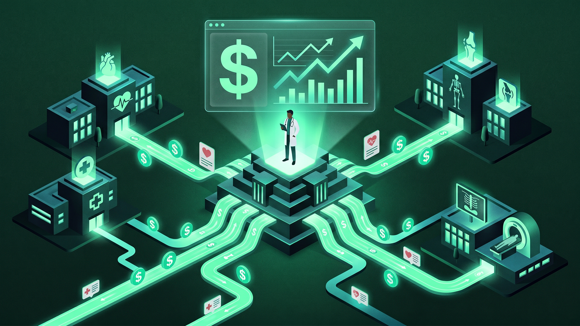 Isometric illustration of a physician at the center of a referral network with glowing revenue pathways marked with dollar signs flowing outward to specialist facilities (cardiology, orthopedics, radiology) beneath a floating revenue analytics dashboard