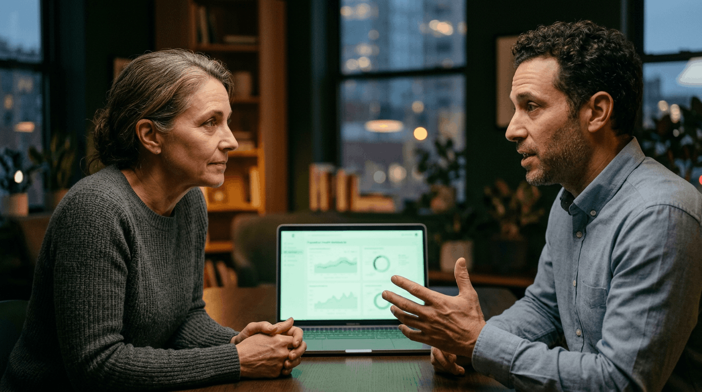 Primary care clinician walking a patient through a population health analytics dashboard during an evening office visit