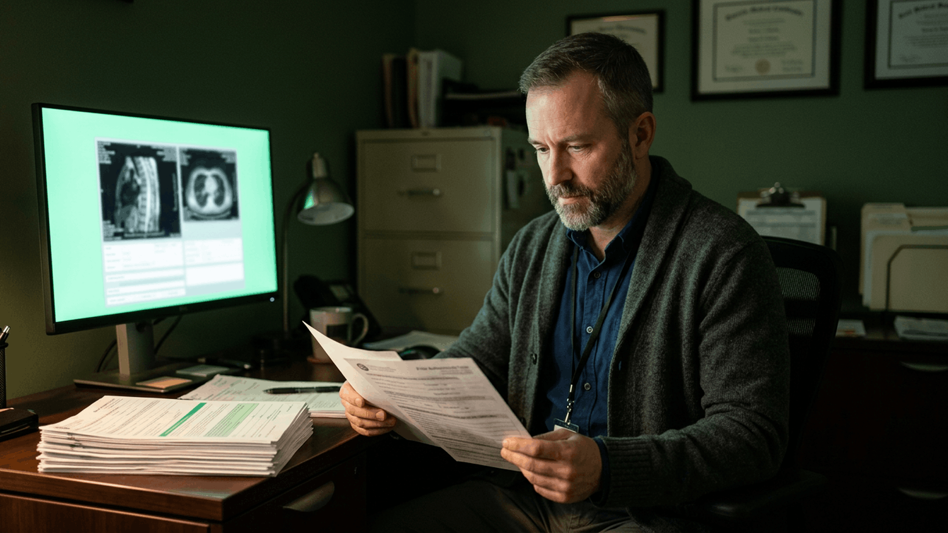 Specialty practice clinician in a gray cardigan and navy shirt with a hospital lanyard reviewing a printed prior authorization form at his desk, with a thick stack of imaging PA paperwork beside him and a monitor displaying MRI scan slices behind him, illustrating the documentation burden of advanced imaging prior authorization