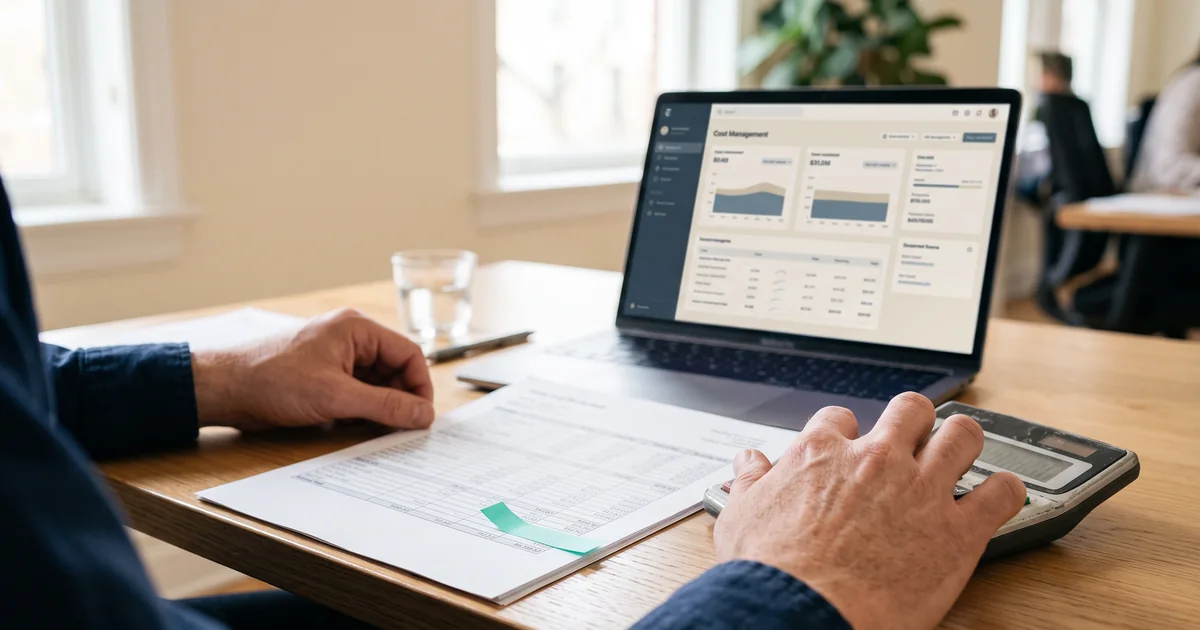 A person compares a printed cost worksheet against a software cost dashboard with a calculator in hand