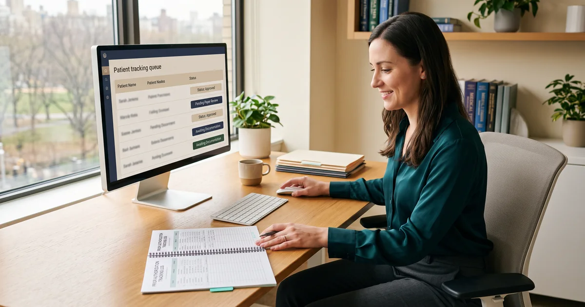 A coordinator reviews a prior authorization tracking queue on a monitor beside a printed PA log