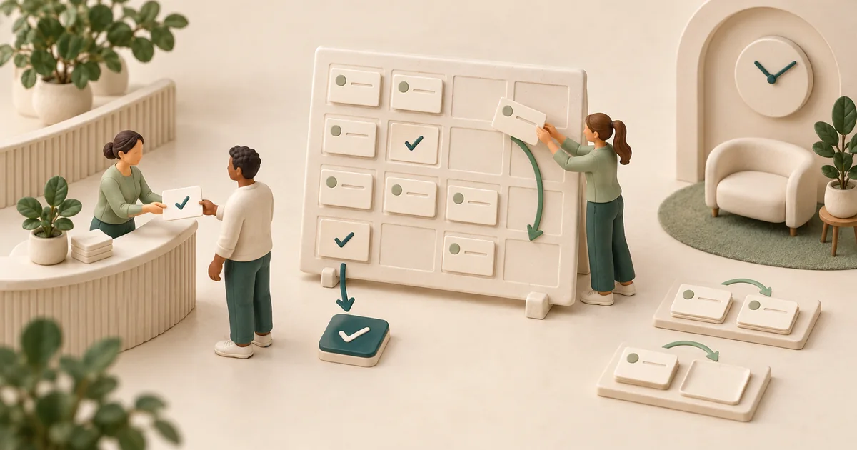 Specialty clinic attendance improvement board Miniature clinic staff moving appointment cards on a board with check marks and arrows beside a reception desk