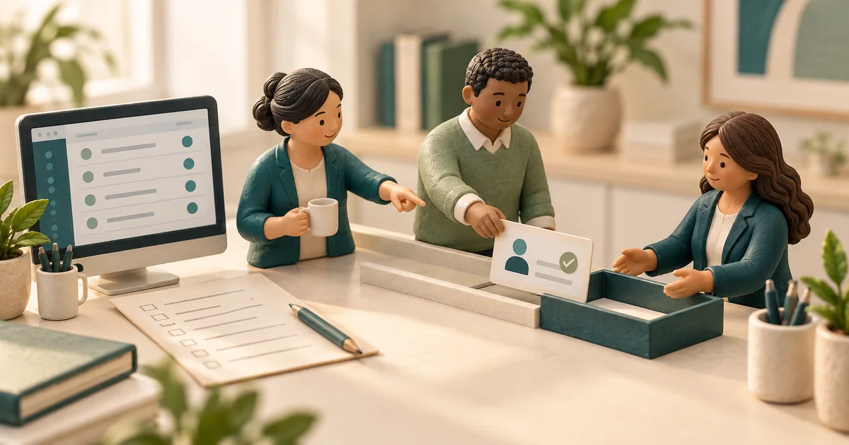Handoff card passing from a referral worklist to a colleague Miniature staff at a desk point from a worklist screen to a checked handoff card passing along a tray to a colleague