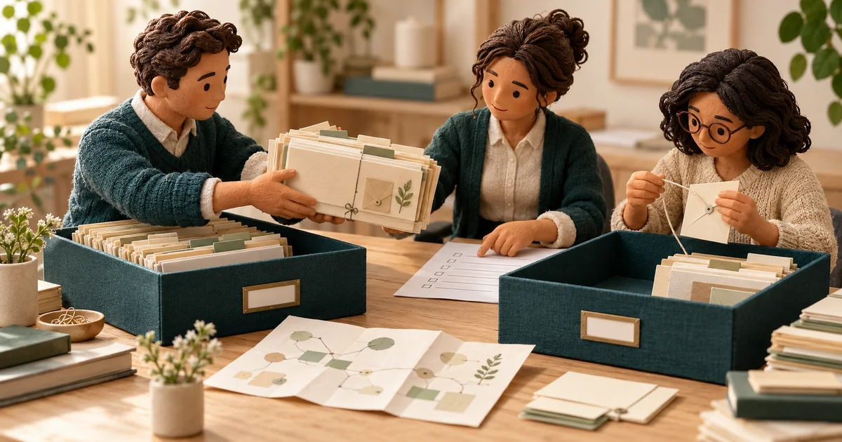 Referral Data Portability: Test the Export Before You Need to Leave Miniature staff check linked record cards and attachments while moving them between filing trays.
