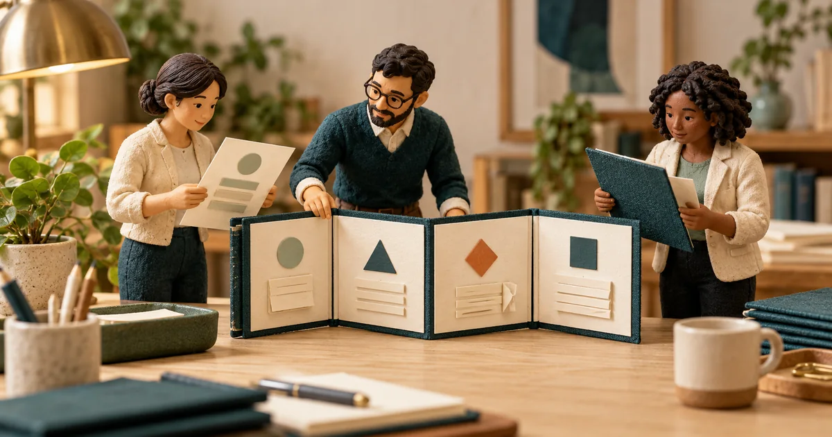 Referral Automation Scope: Turn a Proposal Into Acceptance Evidence Miniature colleagues compare a proposal with a four-part scope workbook and evidence folder.