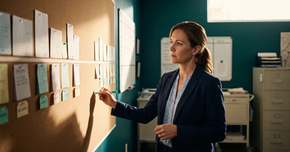 Mapping the referral timeline on a board A coordinator in a navy blazer holding a green marker at a cork board covered in rows of pinned notes