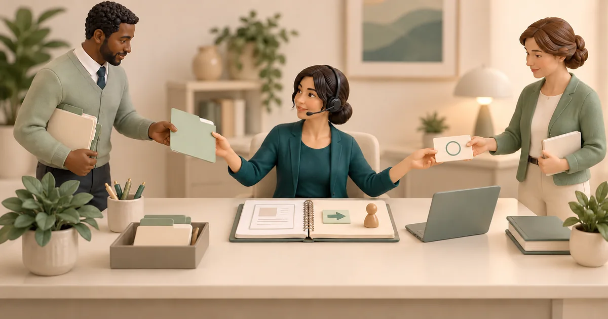 A referral coordinator's handoffs Miniature coordinator with a headset passes a folder to one colleague and receives an open follow-up card from another