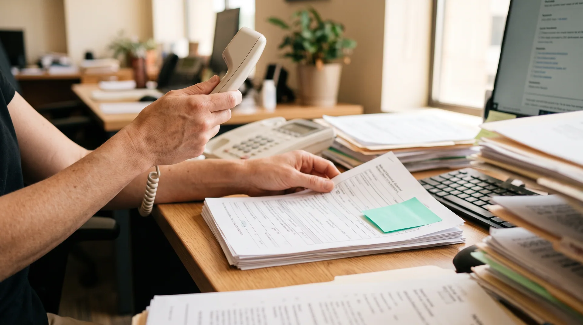Referral coordinator handling phone calls and paper forms at a busy workstation