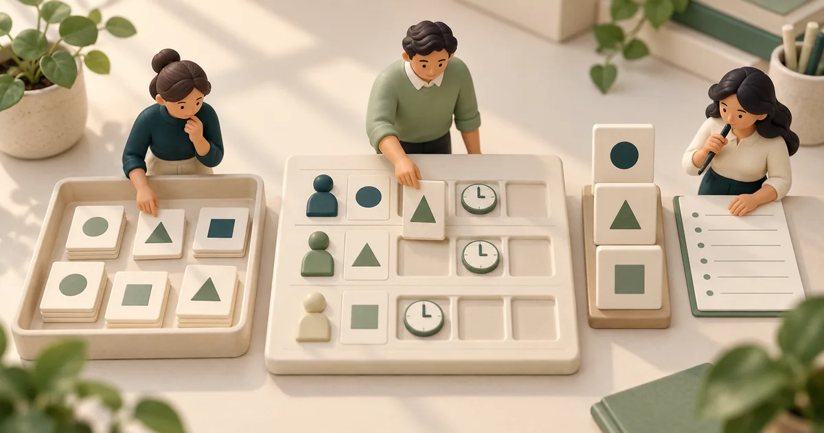 Three miniature staff place task tiles and clocks on a grid of staff rows, drawing from a tray of cards and a checklist