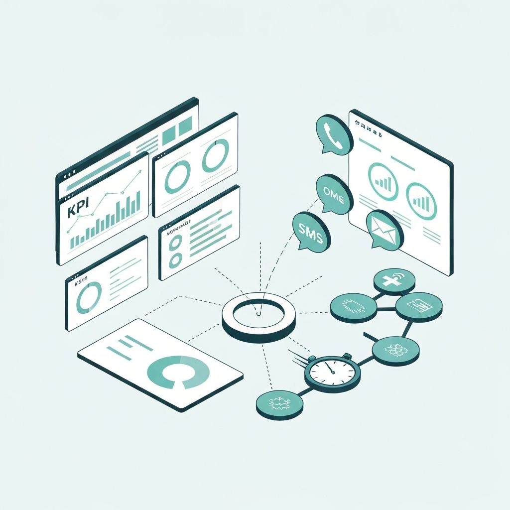 Isometric illustration of closed-loop referral workflow with magnifying glass examining referral cycle from PCP to specialist, showing referral order creation, scheduling, appointment completion, consultation notes, and return to PCP stages