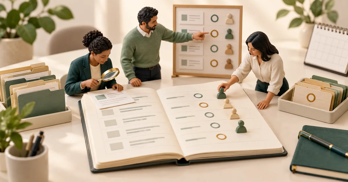 Assigning owners in a referral review Three miniature staff review an open ledger of referral rows and set owner figures beside each row under an assignment board
