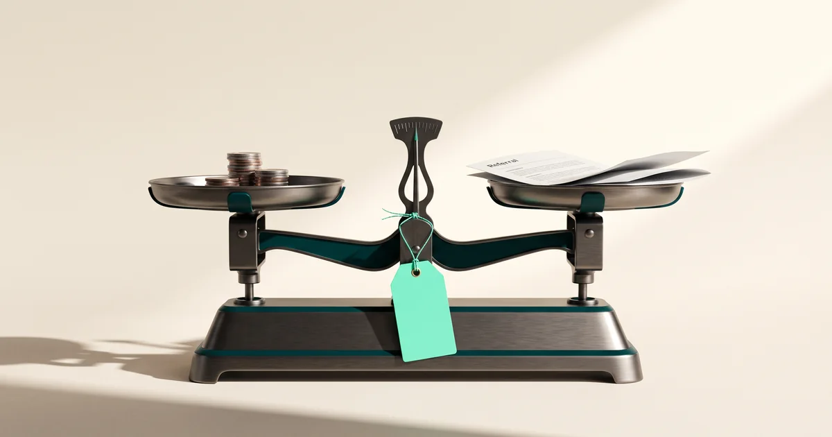 Balance scale with stacked coins on one pan and referral documents on the other, a mint price tag hanging from its center