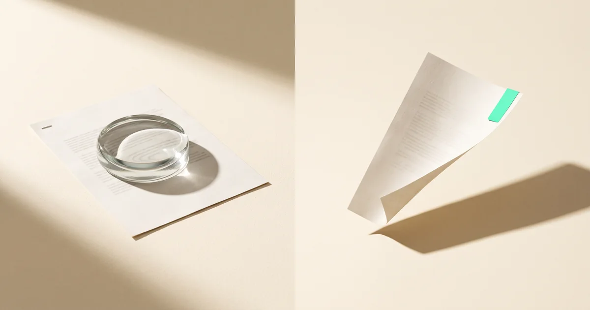 Split scene: a glass lens resting on a printed page on one side, a curling page in motion with a mint tab on the other