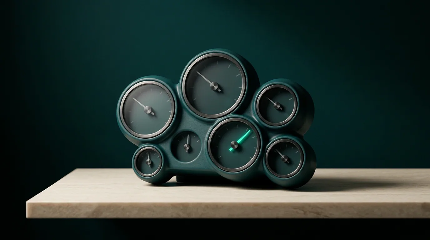 Referral operations dashboard represented by six precision gauges