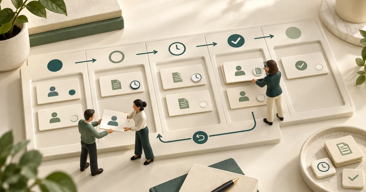 Miniature staff moving referral cards across a five-column state board with clock, check and reopening arrows