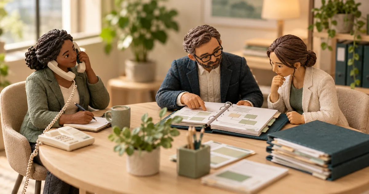 Referral Automation References: Ask What Happened After Go-Live Miniature colleagues review a workflow binder and completed records during a reference call.