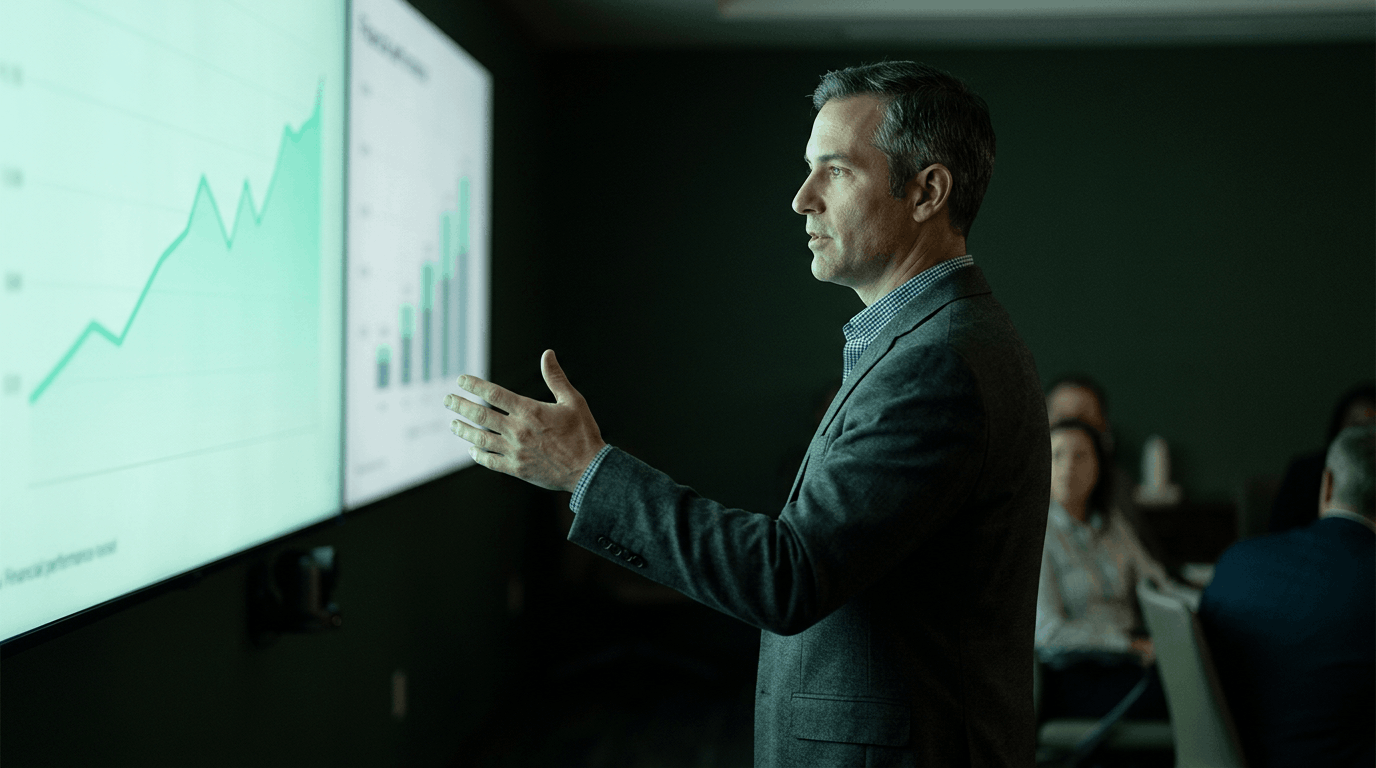The ROI of Voice AI in Healthcare Healthcare executive presenting voice AI ROI charts with revenue and call-volume metrics trending upward in a boardroom