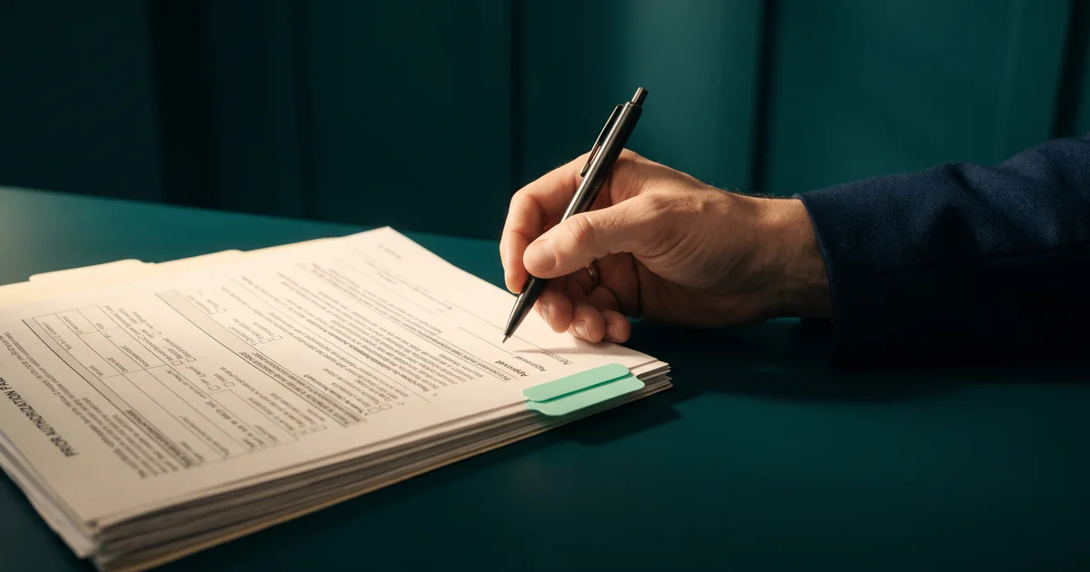 A hand holding a pen over the approval line of a prior authorization form in a manila folder with a mint tab on a green desk