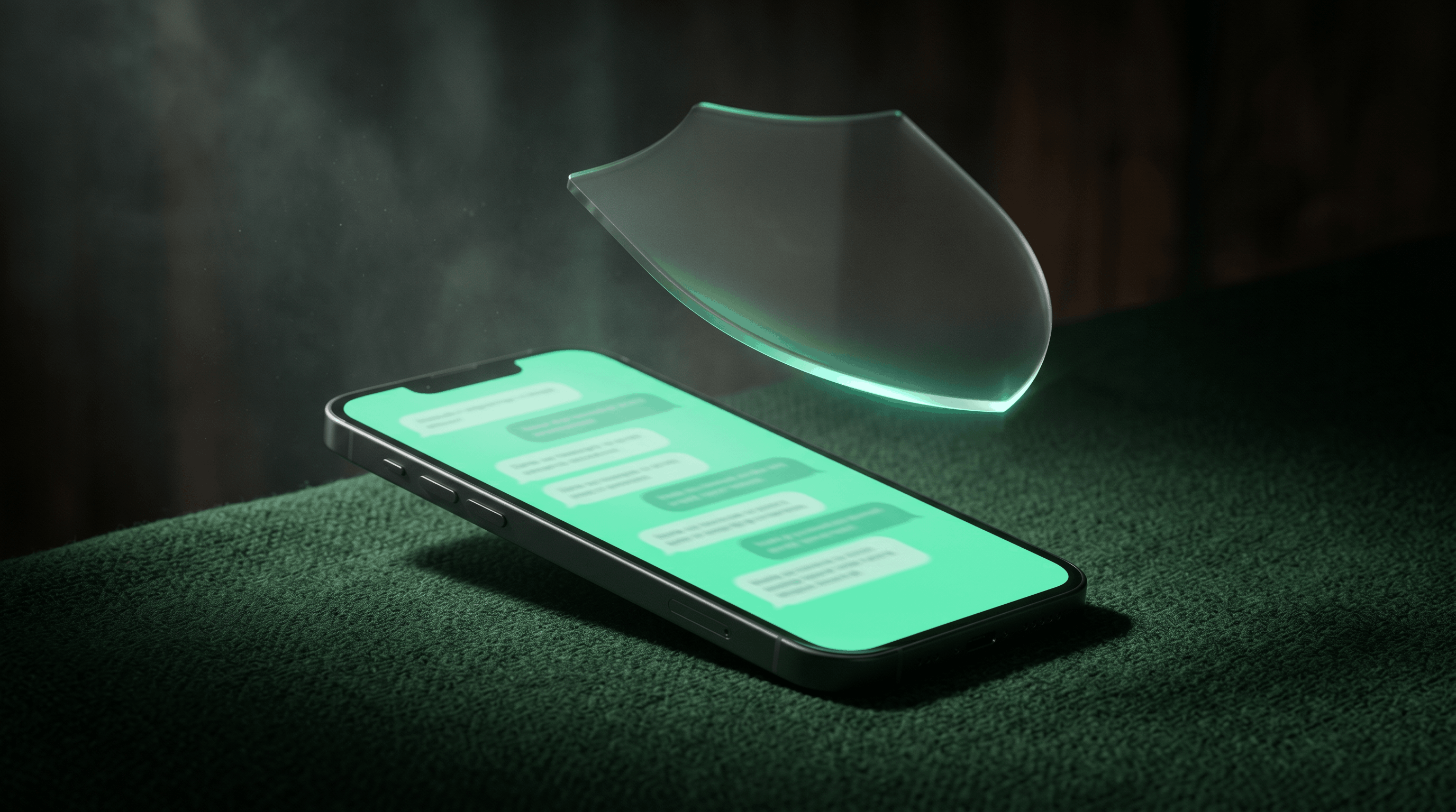 Isometric dark-green scene of a phone showing SMS message bubbles with appointment confirmations and reminders, a HIPAA shield icon overlaying a Twilio-style message gateway, a consent capture clipboard on the left, and an AI agent on the right routing two-way SMS conversations to human staff escalation