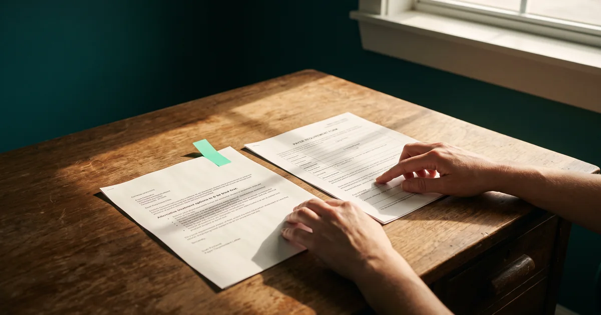 Hands on a sunlit wooden desk between a mint-tabbed letter listing alternatives to try first and a payer requirement form